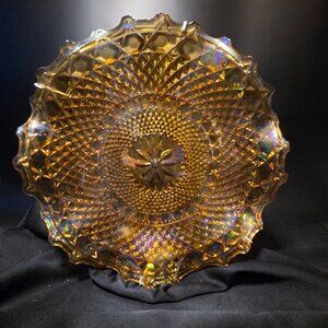 Vintage Marigold Carnival Glass Ruffled Edge Bowl/Plate | Iridescent Diamond Pat